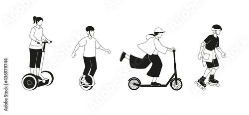 People go in for outdoor eco friendly sport activity: roller skating, electric scooter, monocycle. Set of isolated  black and white cartoon character icon in line art style.