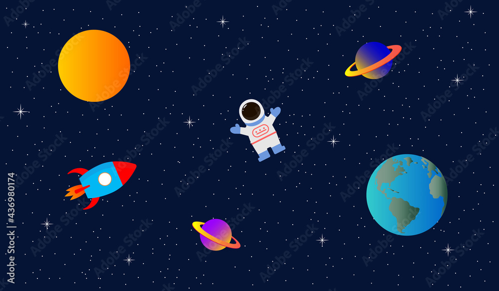 Space flat vector background with rocket, spaceship, moon, Jupiter, satellite, astronaut, planets and stars.Vector illustration