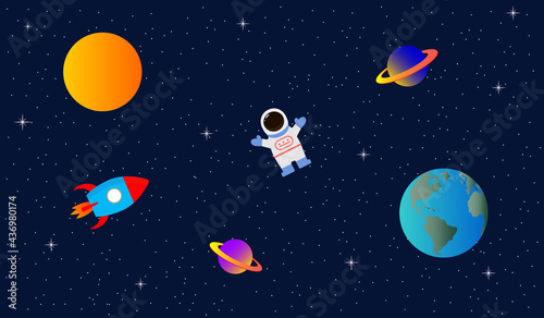 Space flat vector background with rocket  spaceship  moon  Jupiter  satellite  astronaut  planets and stars.Vector illustration