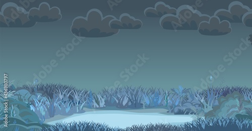 Meadow glade in the evening. Dark thickets at night. Clouds. Grass area. Beautiful and graceful landscape. Flat style. Cartoon design. Vector