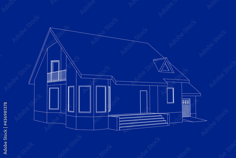 3D suburban house model. Drawing of the modern building. Cottage project on blue background. Interesting vector blueprint. 3D suburban house model. Drawing of the modern building. Cottage project on blue background. Interesting vector blueprint.