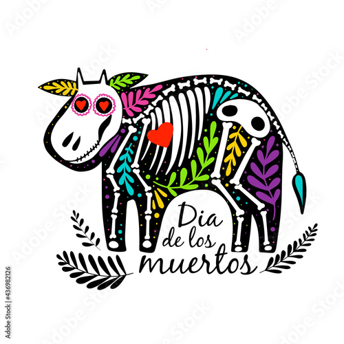 Dia de los Muertos design, Day of the dead or Halloween concept. Cow or bull skeleton with leaves and text, isolated on white background. Vector colorful postcard