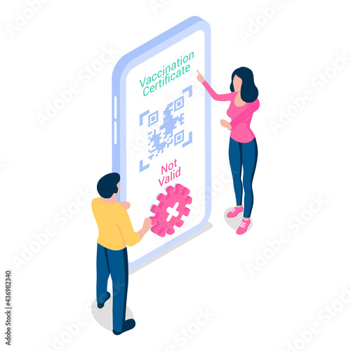 A girl stops a man because his vaccination certificate is not confirmed. Concept of electronic health passports for travel. Vector illustration in isometric style. Isolated on white.