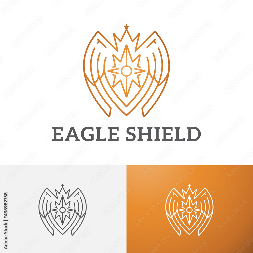 Golden Eagle Falcon Bird Shield Crown Line Logo Symbol