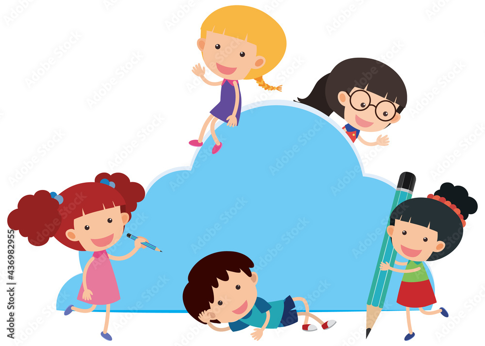 Empty banner cloud shape with many kids cartoon character Empty banner cloud shape with many kids cartoon character
