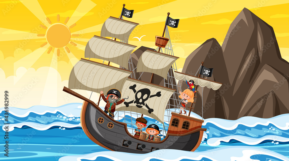 Naklejka premium Ocean with Pirate ship at sunset scene in cartoon style