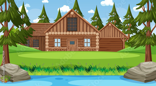 In front of wooden house in nature scene