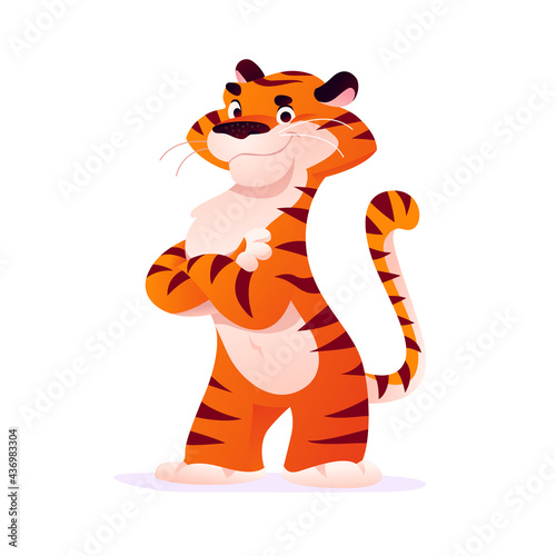 Portrait of funny tiger character stand isolated on white background. Flat cartoon style. For company mascot, banner, advertising, web ad, sale tag, card, logo design.