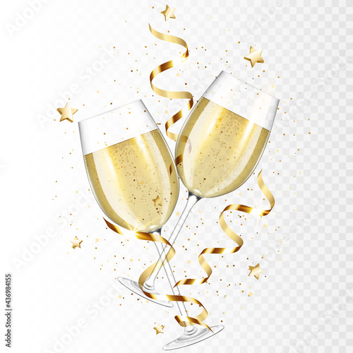 Transparent realistic two glasses of champagne with ribbons and confetti, isolated.