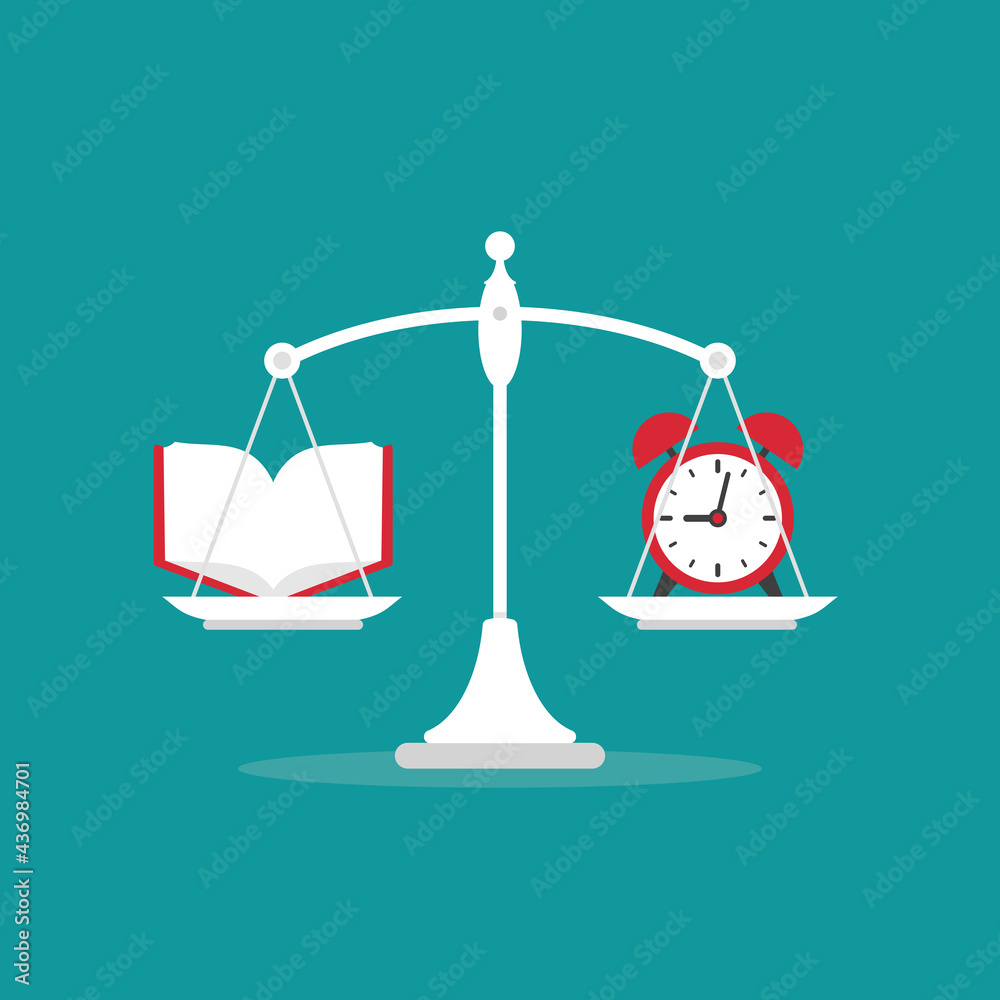 White mechanical scales with clock and open book in pans. Education value,