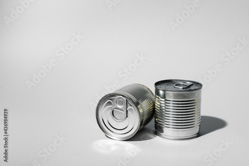 Tin can for food on gray background