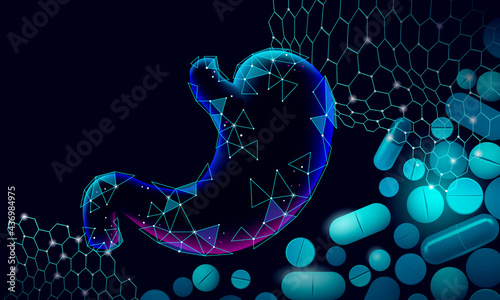Human stomach medical treatment concept. Pill capsule help therapy. Digestive system cancer abdomen pain analysis prevention medicine poster template. 3D vector illustration