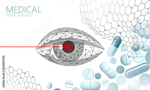 Dietary supplement vitamin vision capsule. Eye clear health care drug medicine science chemistry innovation technology polygonal 3D render. Woman eye isolated banner template vector illustration