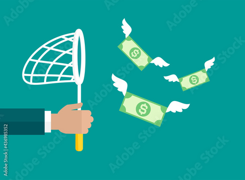 Businessman hand holds butterfly net with dollar banknote. Catch, hunt, chase money symbol.