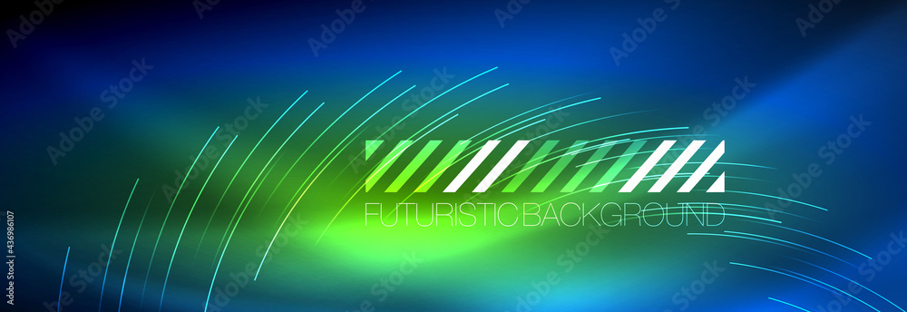 Neon glowing lines, magic energy and light motion background. Vector wallpaper template Neon glowing lines, magic energy and light motion background. Vector wallpaper template