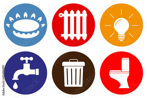 Utility icons: water, gas, lighting, heating, waste. flat style. Icons of communications in the house. Flat style. Vector