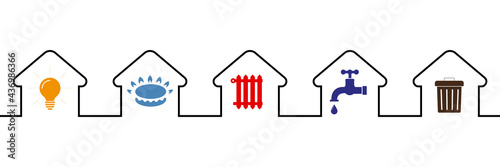 Utility icons: water, gas, lighting, heating, waste. flat style. Icons of communications in the house. Flat style. Vector