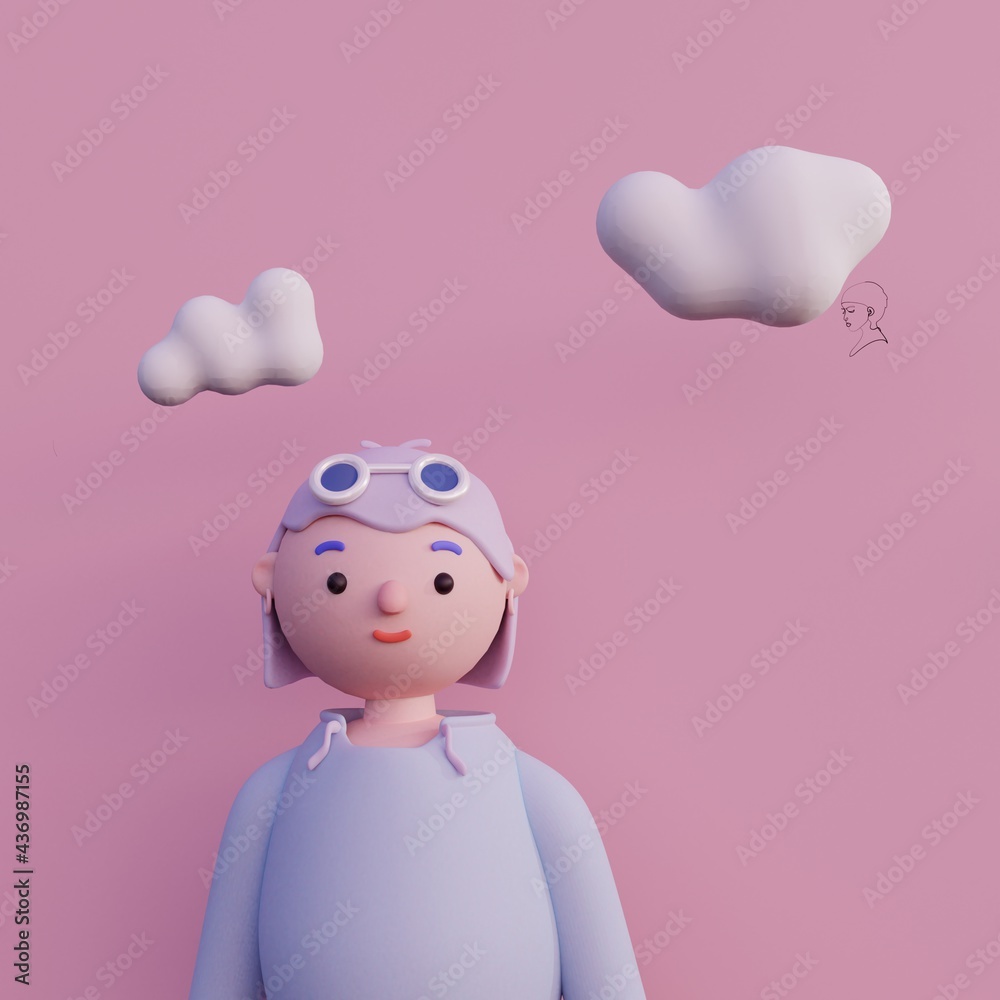 Casual young girl with glasses, in hoodie with  short hair. Young girl avatar in minimal art style. Bright portrait of a cartoon girl character.  3d illustration.