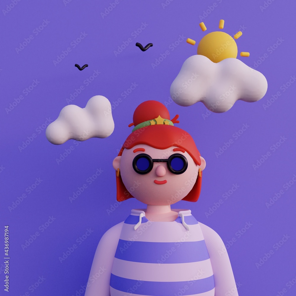 Casual young girl with glasses, in hoodie with short hair. Young girl  avatar in minimal art style. Bright portrait of a cartoon girl character. 3d  illustration. Stock Illustration | Adobe Stock