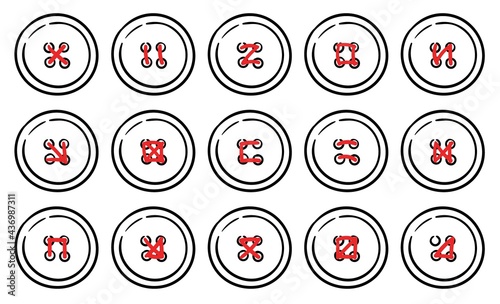 A set of fifteen options for sewing on a button. Doodle black and white vector illustration.