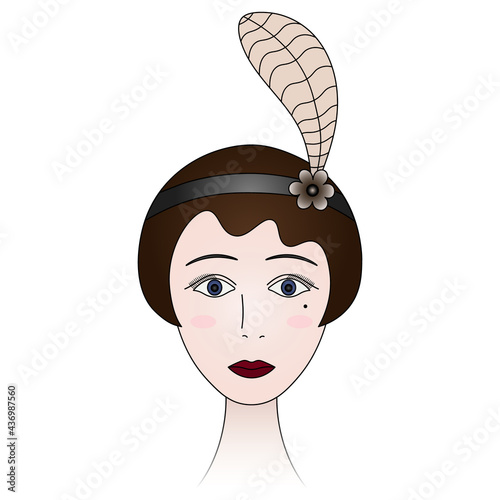 The face of a woman from the 1920s. Lady portrait in retro style. A brunette girl with blue eyes, a mysterious mole and a blush on her cheeks. Colored vector illustration. Hairstyle a la garcon. 