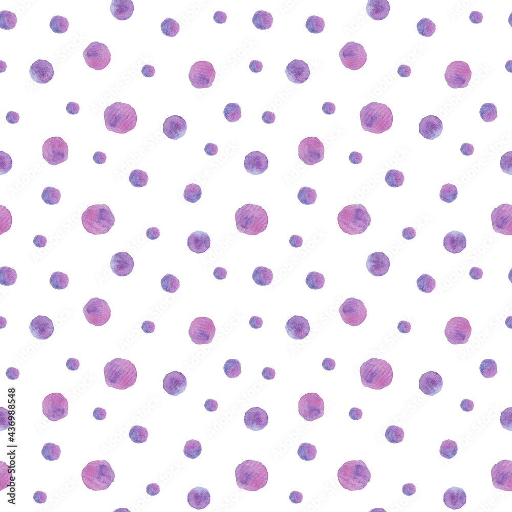 Purple watercolor polka dots on white background. Abstract lilac and white summer pattern backdrop. Dynamic easy seamless pattern for textile, paper, design packaging.