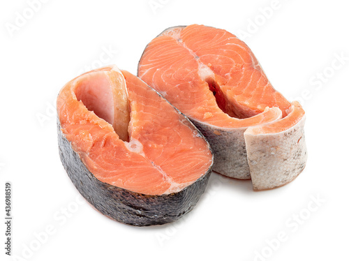 Raw salmon steak isolated on white background. Fresh red fish salmon steak. Trout slice meat. full depth of field