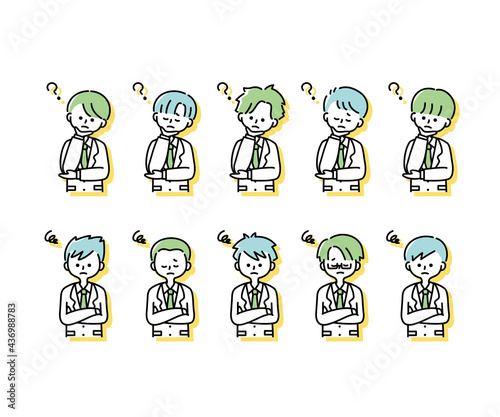 冬の制服を着た様々な男子学生の感情表現イラスト（上半身）