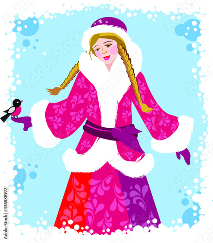 Snegurochka granddaughter of  Russian Santa Claus, Ded Moroz. New Year. Merry christmas. Vector illustration. 