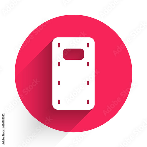 White Military assault shield icon isolated with long shadow. Red circle button. Vector