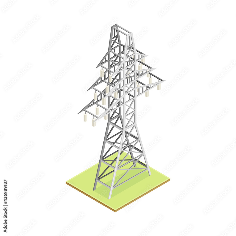 Transmission Tower with Overhead Power Line as Electric Object Isometric Vector Illustration Transmission Tower with Overhead Power Line as Electric Object Isometric Vector Illustration
