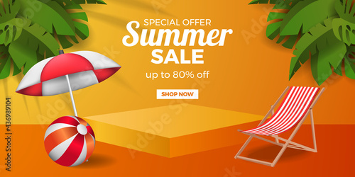 3d cube podium pedestal stage product display with folded chair umbrella and ball and tropical leaves nature with orange background