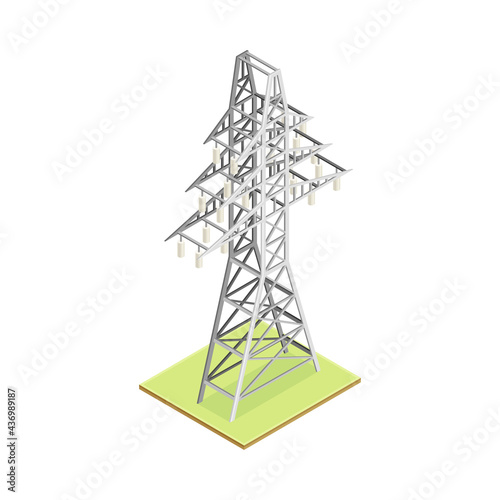 Transmission Tower with Overhead Power Line as Electric Object Isometric Vector Illustration
