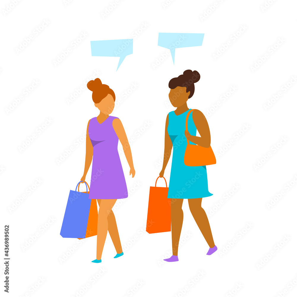 young woman walking with shopping bags, talking isolated vector illustration graphic