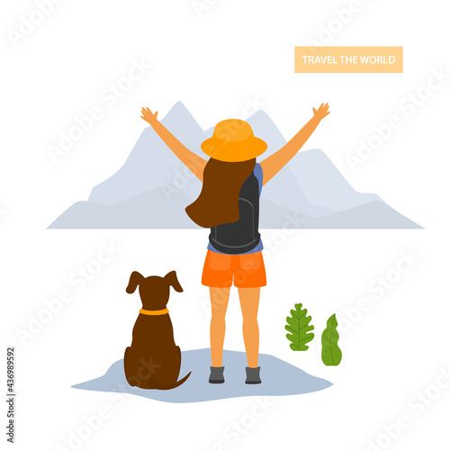 young happy traveling hiker girl with a dog, backside view, isolated vector illustration
