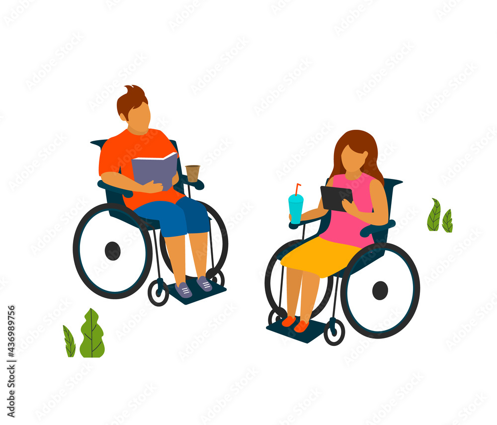 young man and woman with disabilities spend time in the park reading vector illustration graphic