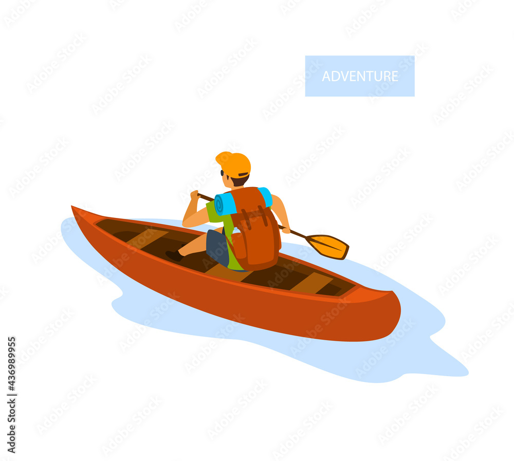man paddling a canoe, traveling with backpack isolated vector illustration man paddling a canoe, traveling with backpack isolated vector illustration