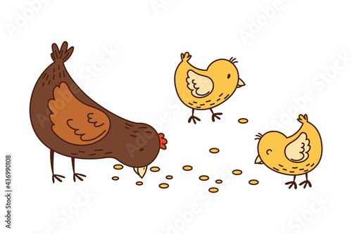 Hen with Yellow Chick Walking in the Yard Picking Grain Vector Illustration