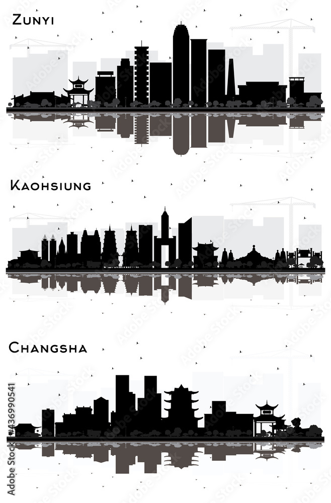 Changsha, Zunyi China and Kaohsiung Taiwan City Skyline Silhouette Set.