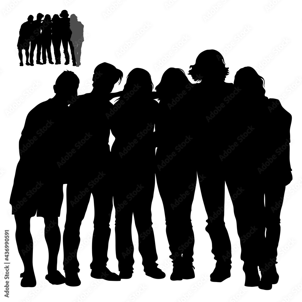  6 people Vector figures friends, guys and girls are standing next to their full height, embracing their shoulders, young guys are posing,  group of male and female black silhouettes white background