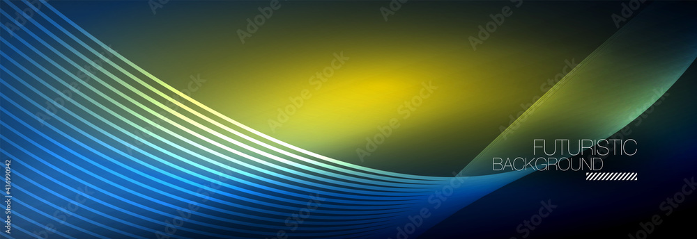 Abstract neon glowing light in the dark with waves. Shiny magic energy and motion concept, vector abstract wallpaper background Abstract neon glowing light in the dark with waves. Shiny magic energy and motion concept, vector abstract wallpaper background