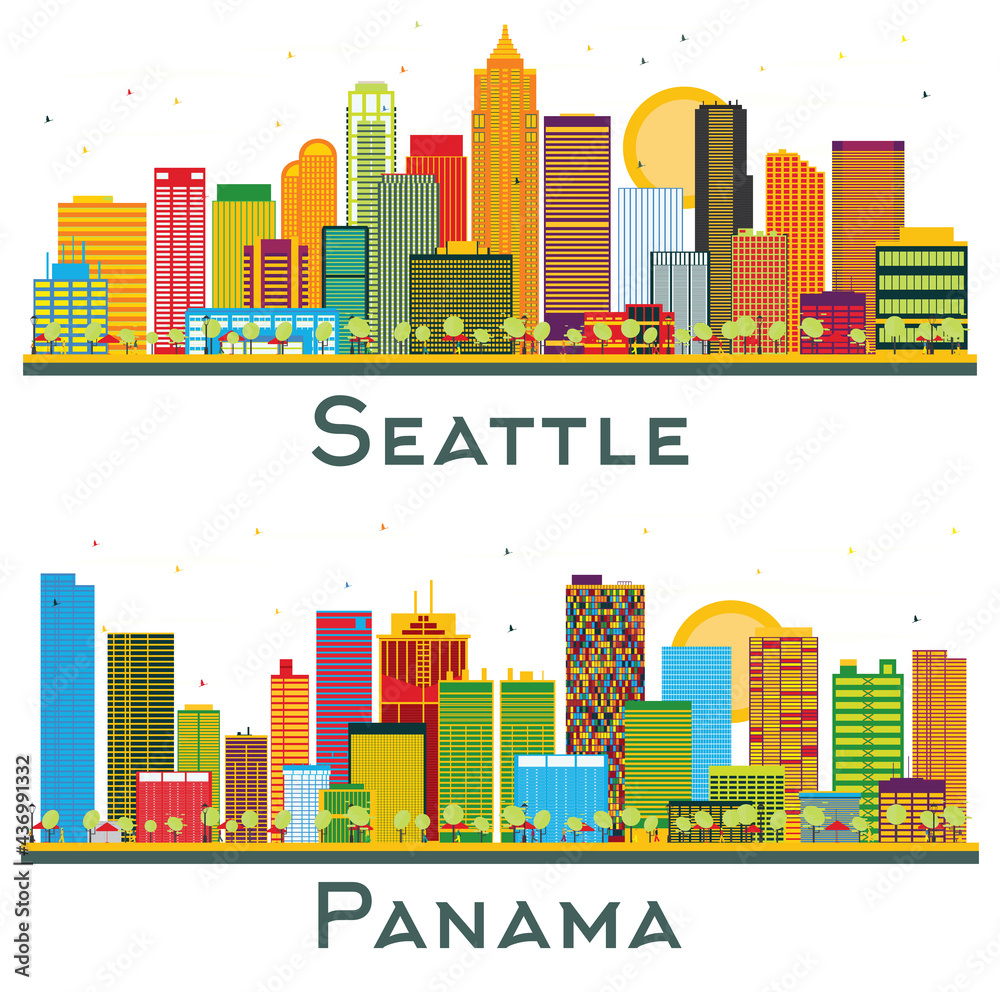 Panama and Seattle Washington City Skyline Set.