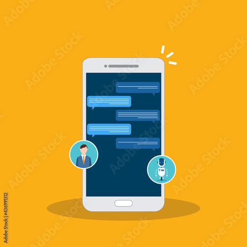 People use chat bot services, smart phone with virtual assistant. Concept of business development, sales increase, help service, customer service robot. Vector illustration