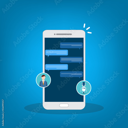 People use chat bot services, smart phone with virtual assistant. Concept of business development, sales increase, help service, customer service robot. Vector illustration