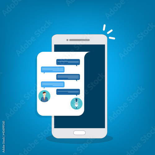 People use chat bot services, smart phone with virtual assistant. Concept of business development, sales increase, help service, customer service robot. Vector illustration