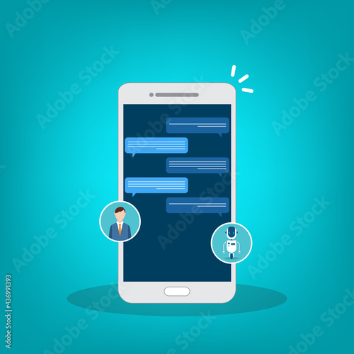 People use chat bot services, smart phone with virtual assistant. Concept of business development, sales increase, help service, customer service robot. Vector illustration