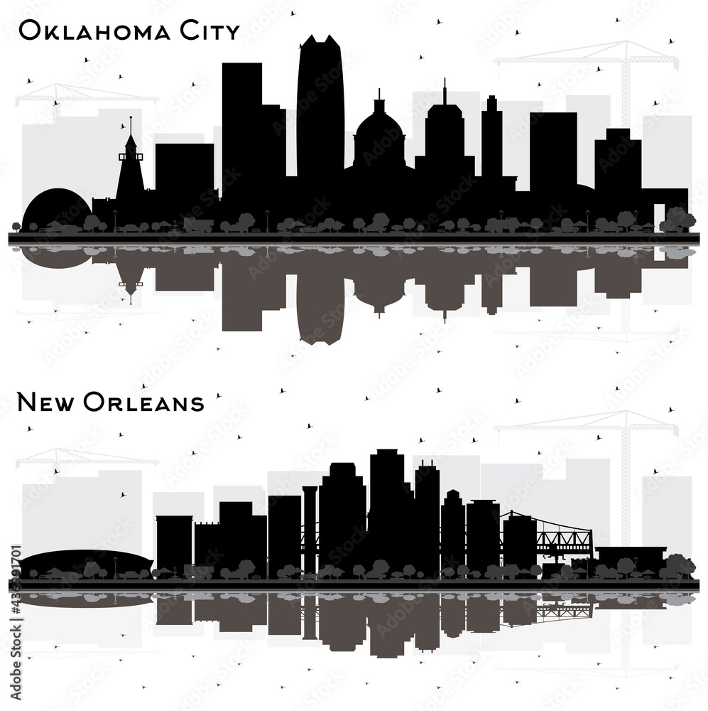 New Orleans Louisiana and Oklahoma City Skyline Silhouette Set.