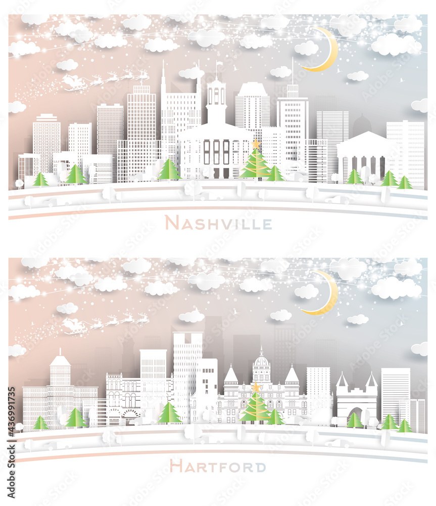 Hartford Connecticut and Nashville Tennessee USA City Skyline Set.