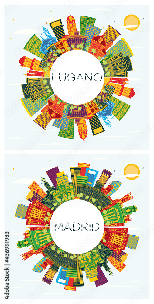 Madrid Spain and Lugano Switzerland Skyline Set.