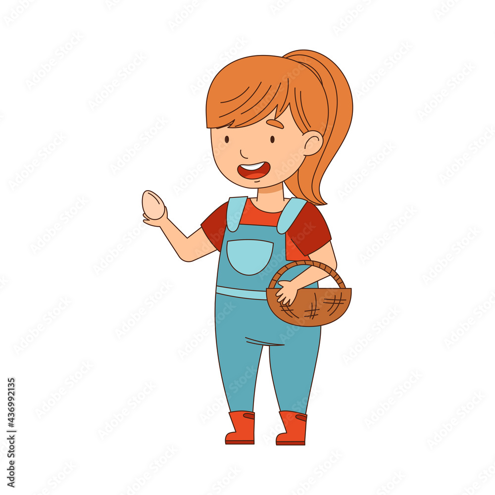 Little Girl in Overall Gathering Hen Eggs in Wicker Basket Vector Illustration Little Girl in Overall Gathering Hen Eggs in Wicker Basket Vector Illustration